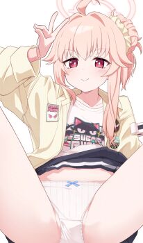 >:) 1girl ahoge black_skirt blue_archive blush bow bow_panties brown_jacket brown_scrunchie closed_mouth clothes_lift commentary_request hair_between_eyes hair_intakes hair_ornament hair_scrunchie halo highres jacket knees_up loli long_hair long_sleeves looking_at_viewer natsu_(band)_(blue_archive) natsu_(blue_archive) navel nenosame open_clothes open_jacket panties pink_hair pleated_skirt puffy_long_sleeves puffy_sleeves red_eyes scrunchie shirt simple_background skirt skirt_lift smile solo spread_legs underwear v v-shaped_eyebrows white_background white_panties white_shirt