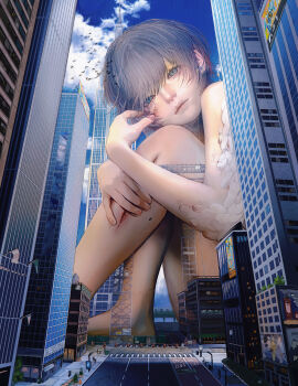 1girl absurdres bird blue_eyes blue_hair blue_sky building city commentary cuts english_commentary flag giant giantess highres injury mikasamu original short_hair sky skyscraper solo traffic_cone