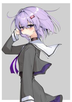 Rule 34 | 1girl, a.i. voice, absurdres, blush, closed mouth, commentary request, hair intakes, hair ornament, hair over mouth, hairpin, hand on own head, highres, leotard, leotard under clothes, long sleeves, looking at viewer, looking back, medium skirt, purple eyes, purple hair, purple ribbon, ribbon, school uniform, short hair, skirt, solo, voiceroid, yuzuki yukari, yuzuki yukari (shizuku), zooanime