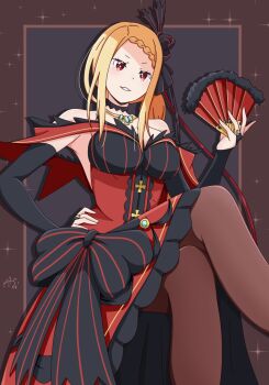 1girl artist_logo bare_shoulders black_bridal_gauntlets black_flower black_rose braid braided_bangs breasts bridal_gauntlets choker cleavage commentary_request crossed_legs dress flower folding_fan hair_ornament hand_fan hand_on_own_hip highres holding holding_fan jewelry kaedemarine lace-trimmed_choker lace_trim large_breasts layered_dress logo long_hair looking_at_viewer necklace open_mouth orange_hair priscilla_barielle re:zero_kara_hajimeru_isekai_seikatsu red_dress red_eyes rose simple_background single_braid sitting smile solo sparkle_background