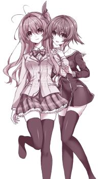 2girls :d black_thighhighs blazer chaos;child chaos;head cropped_jacket hair_between_eyes hekiho_academy_school_uniform highres holding_another&#039;s_arm in-franchise_crossover jacket long_hair long_sleeves looking_at_viewer miniskirt monochrome multiple_girls nishijou_myu onoe_serika open_mouth pleated_skirt school_emblem school_uniform science_adventure short_hair simple_background skirt smile suimei_academy_school_uniform thighhighs watermark white_background zettai_ryouiki