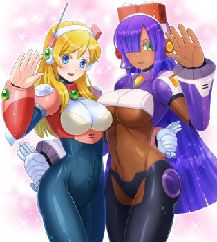 2girls alia_(mega_man) blonde_hair blue_eyes bodystocking breasts commentary_request cowboy_shot dark-skinned_female dark_skin green_eyes hair_over_one_eye headset highres kiwakiwa large_breasts layer_(mega_man) long_hair medium_breasts mega_man_(series) mega_man_x8 mega_man_x_(series) multiple_girls purple_hair sparkle underboob