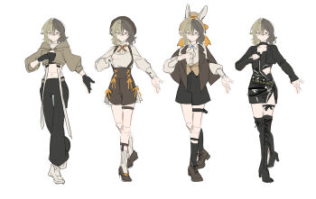 1girl absurdres alternate_costume artist_collaboration black_boots black_choker black_dress black_gloves black_pants black_shirt black_shorts boots brown_hat brown_jacket brown_shoes choker commentary crop_top dress english_commentary gloves grey_eyes grey_hair hair_between_eyes hat highres honkai_(series) honkai_impact_3rd jacket knee_boots lace-up_boots long_sleeves multicolored_hair multiple_views navel pants red_pupils reference_sheet sang_sha shirt shoes shorts simple_background sketch thigh_strap two-tone_hair vill-v white_background zelian