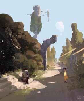 1boy 1girl arch blue_sky bush child dirt_road floating_island highres original path plant road ruins sky slow_d stairs tree