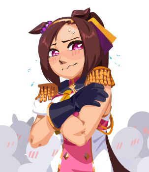 Rule 34 | 1girl, animal ears, asymmetrical gloves, bakushin o armpit gif (meme), black gloves, blush, breasts, brown hair, commentary, droopy ears, ear ornament, embarrassed, epaulettes, flower in eye, gloves, gold hairband, hairband, highres, horse ears, horse girl, long hair, meme, mismatched gloves, ponytail, sakura bakushin o (blossom in learning) (umamusume), sakura bakushin o (umamusume), simple background, sleeveless, sweat, sweatdrop, symbol in eye, twosipsofbleach, umamusume, wavy mouth, white background