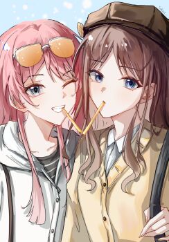 2girls bang_dream! bang_dream!_it&#039;s_mygo!!!!! black_shirt blue_eyes brown_cardigan brown_hair brown_hat cardigan cassius_(pixiv_21496909) chihaya_anon closed_mouth commentary eyewear_on_head grey_eyes grey_jacket hat highres jacket long_hair mouth_hold multiple_girls nagasaki_soyo pink_hair shirt sidelocks textless_version upper_body