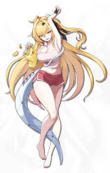 1girl absurdres ahoge armpits bag_of_chips bare_shoulders barefoot blonde_hair blush breasts card chalky_(zenless_zone_zero) chips_(food) cissia_(zenless_zone_zero) cleavage commentary_request credit_card dolphin_shorts fingernails food food_on_face full_body hair_ornament hairclip highres holding holding_card large_breasts long_hair looking_at_viewer open_mouth pink_nails pom_pom_(clothes) pom_pom_hair_ornament pyogo red_eyes red_shorts shorts snake snake_girl snake_tail tail toes white_background white_snake zenless_zone_zero