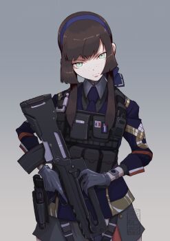 1girl assault_rifle black_gloves blue_dress blue_eyes blue_hairband blue_necktie blue_ribbon boushi-ya brown_hair bullpup commentary_request dress famas freckles french_flag gloves gradient_background grey_background gun hair_ribbon hairband handgun holding holding_weapon jacket kantai_collection looking_at_viewer mogador_(kancolle) mogador_kai_(kancolle) necktie ribbon rifle serious simple_background skirt solo weapon