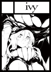 Rule 34 | 1girl, abyssal ship, arm up, breasts, circle cut, closed mouth, comiket 88, commentary request, expressionless, greyscale, hair between eyes, kantai collection, large breasts, long bangs, long hair, long sleeves, looking at viewer, monochrome, solo, teeth, tugmix, upper body, wo-class aircraft carrier