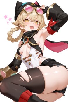 1girl absurdres ass bare_shoulders black_hat black_shorts black_thighhighs blonde_hair blush braid braided_hair_rings breasts commentary_request eyewear_on_head fang foreshortening genshin_impact hair_rings hat highres jahoda_(genshin_impact) looking_at_viewer loose_socks mechanical_arms open_mouth shoes short_hair short_shorts shorts simple_background single_mechanical_arm single_thighhigh small_breasts smile socks solo star-shaped_pupils star_(symbol) sunglasses symbol-shaped_pupils thighhighs thighs torn_clothes torn_thighhighs weimiaw white_background white_socks yellow_eyes