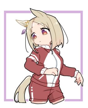 1girl animal_ears beer_hsk blonde_hair blush breasts crown ear_covers ear_ornament gradient_eyes horse_ears horse_girl horse_tail long_sleeves medium_hair mini_crown multicolored_eyes narita_top_road_(umamusume) purple_eyes school_uniform short_hair single_ear_cover solo tail tracen_school_uniform tracen_training_uniform umamusume