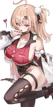 Rule 34 | 1girl, absurdres, ahoge, bare shoulders, black shoes, black thighhighs, blonde hair, breasts, chalky (zenless zone zero), cissia (zenless zone zero), cleavage, collar, commentary, detached sleeves, fingernails, hair between eyes, hair ornament, hairclip, hand up, heart, highres, jun daniell, large breasts, leg up, long hair, looking at viewer, metal wrist cuffs, open mouth, pink nails, pom pom (clothes), pom pom hair ornament, red eyes, shoes, simple background, snake, snake girl, snake tail, standing, standing on one leg, tail, thighhighs, underboob, white background, white snake, zenless zone zero