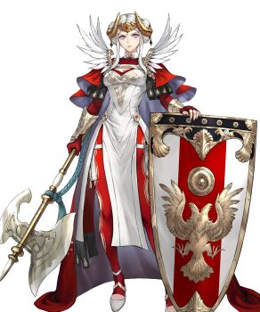 1girl axe battle_axe blue_eyes bodysuit cape crown dress edelgard_von_hresvelg edelgard_von_hresvelg_(adrestian_emperor) edelgard_von_hresvelg_(adrestian_emperor)_(resplendent) edelgard_von_hresvelg_(timeskip) fake_horns feather_trim fingerless_gloves fire_emblem fire_emblem:_three_houses fire_emblem_heroes gloves hair_rings highres holding holding_axe holding_shield horns insignia looking_at_viewer nintendo non-web_source official_alternate_costume official_art red_bodysuit red_cape red_gloves shield solo tachi-e two-sided_cape two-sided_fabric weapon white_cape white_dress white_hair