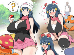 1boy 1girl ? ass beanie black_shirt black_thighhighs blue_eyes blue_hair blush boots breasts bulge cleavage covered_navel curvy dark-skinned_male dark_skin dawn_(pokemon) dr.orga erection erection_under_clothes gen_1_pokemon hair_ornament hairclip hat heart holding holding_poke_ball huge_breasts long_hair mind_control miniskirt mushroom mushroom_on_head naughty_face nintendo over-kneehighs paid_reward_available paras parasite pink_boots pink_skirt poke_ball poke_ball_(basic) pokemon pokemon_(creature) pokemon_dppt red_scarf scarf sequential shirt sidelocks skirt thick_thighs thighhighs thighs trembling white_hat wide-eyed