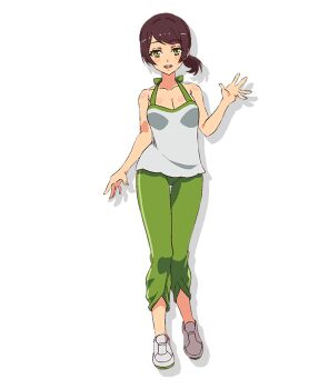 1girl :d bare_shoulders bra breasts brown_hair capri_pants cleavage collarbone full_body green_eyes green_pants green_shirt hair_ornament hair_over_shoulder hairclip highres long_hair looking_at_viewer low_twintails medium_breasts mole official_art open_mouth pants parted_bangs shirt shoes short_hair smile sneakers solo standing tank_top terehara_mihiro transparent_background twintails underwear waving white_shirt world_dai_star yellow_eyes