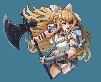 1girl armor axe battle_axe bikini_armor blonde_hair blue_eyes bow breasts charlotte_(fire_emblem) cleavage fire_emblem fire_emblem_fates hair_bow highres holding holding_axe large_breasts long_hair nintendo open_mouth pauldrons rod_langhi shoulder_armor simple_background solo wavy_hair weapon white_bow