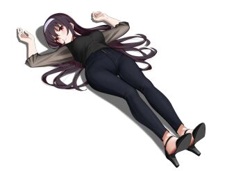 1girl absurdres black_hair feet hairband highres kasumigaoka_utaha light_blush long_hair looking_at_viewer lying mr.blackcat666 on_back red_eyes saenai_heroine_no_sodatekata shoes