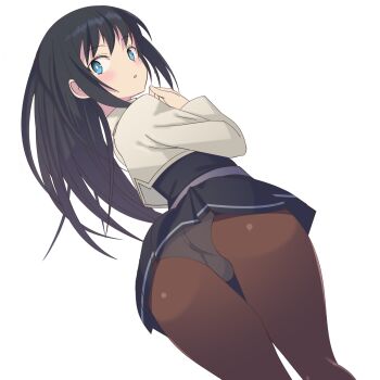 1girl asashio_(kancolle) asashio_kai_ni_(kancolle) ass belt black_hair black_pantyhose blue_eyes blue_panties blush brown_pantyhose dress enoki_p highres kantai_collection long_hair long_sleeves looking_at_viewer looking_back neck_ribbon panties pantyhose pinafore_dress red_ribbon ribbon school_uniform shirt sleeveless sleeveless_dress solo underwear white_background white_shirt