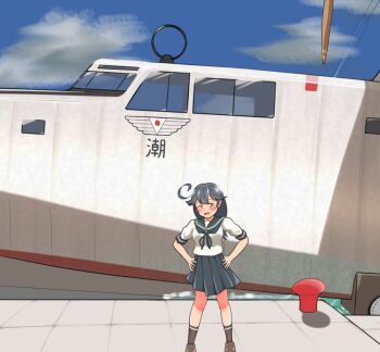 1girl ahoge aircraft aircraft_request airplane amunco black_hair blue_neckerchief blue_sailor_collar blue_skirt blue_sky cloud commentary_request day dock flying_boat hands_on_own_hips imperial_japanese_airways kantai_collection long_hair name_connection neckerchief object_namesake outdoors pleated_skirt sailor_collar school_uniform seaplane serafuku skirt sky solo ushio_(kancolle)