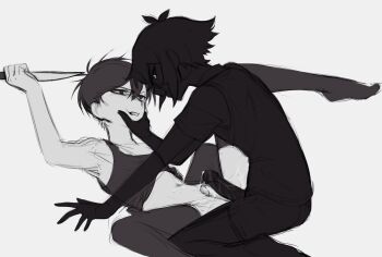 2boys armpits cum cumdrip erection frottage greyscale highres holding_face knife leggings looking_at_another male_focus monochrome multiple_boys omori omori_(omori) pectoral_cleavage pectorals penis rape short_shorts shorts shota sixong008 stranger_(omori) tank_top yaoi