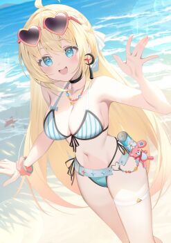 1girl absurdres ahoge beach bikini blonde_hair blue_eyes breasts eyewear_on_head heart heart-shaped_eyewear highres large_breasts long_hair noya_(lingering_sunlight)_(stella_sora) noya_(stella_sora) official_alternate_costume ryuya side-tie_bikini_bottom smile solo star-shaped_pupils star_(symbol) stella_sora striped_bikini striped_clothes sunglasses swimsuit symbol-shaped_pupils vertical-striped_bikini vertical-striped_clothes