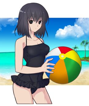 1girl ball bare_arms bare_shoulders beach beachball black_eyes black_hair black_one-piece_swimsuit blue_sky bob_cut border breasts cloud collarbone commentary_request frilled_one-piece_swimsuit frills grass hair_between_eyes halterneck highres hirakawa holding holding_ball holding_beachball kuonji_alice looking_at_viewer mahou_tsukai_no_yoru medium_breasts ocean one-piece_swimsuit outside_border palm_tree parted_bangs shore short_hair sky solo swimsuit thighs tree white_border