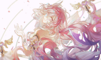 1girl bare_shoulders bell breasts chinese_commentary commentary_request diamond-shaped_pupils diamond_(shape) elysia_(herrscher_of_human:_ego)_(honkai_impact) elysia_(honkai_impact) falling_petals from_side gloves honkai_(series) honkai_impact_3rd long_hair looking_at_viewer medium_breasts petals pink_hair purple_eyes simple_background solo symbol-shaped_pupils upper_body veil very_long_hair white_background white_gloves white_veil yolanry