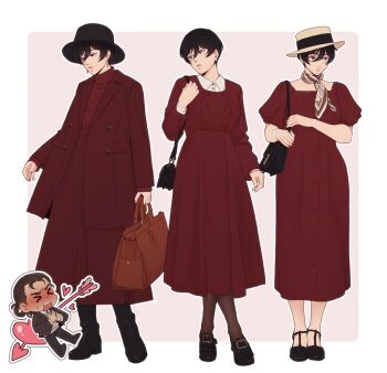 >_< 1boy 1girl alternate_costume arrow_through_heart bag black_bag black_boots black_hair black_hat black_pants black_shoes blush boots border breasts brown_bag brown_hair brown_hat brown_jacket brown_pantyhose chibi chibi_inset clutching_chest coat collared_dress collared_shirt commentary dress eren_yeager facial_scar full_body grey_eyes grey_shirt hair_between_eyes hair_bun hanpetos hat hetero holding holding_bag jacket long_coat long_dress medium_breasts mikasa_ackerman multiple_views neckerchief pants pantyhose pink_background red_coat red_dress scar scar_on_cheek scar_on_face shingeki_no_kyojin shirt shoes short_hair sweatdrop untranslatable_commentary updo white_border
