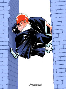 Rule 34 | 1boy, 1girl, black hair, black hakama, bleach, brick wall, closed eyes, commentary, english commentary, hakama, hetero, highres, japanese clothes, kiss, kuchiki rukia, kurosaki ichigo, orange hair, sandals, short hair, socks, tumblr username, umbra (edits umbra), white socks