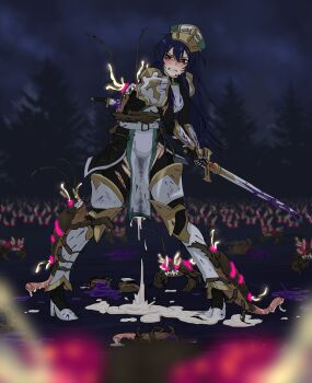 absurdres armor blue_hair bug commentary_request cum cum_in_pussy cum_overflow he_niunai highres impregnation kivia_patausche loincloth rape sex_with_insects torn_clothes unwanted_creampie yuushakei_ni_shosu zoophilia