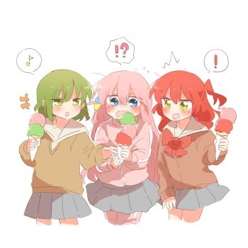 ! 3girls :d blue_eyes blush bocchi_the_rock! brown_cardigan cardigan commentary_request cropped_legs food gotoh_hitori green_eyes green_hair grey_skirt holding holding_food holding_ice_cream ice_cream jacket kita_ikuyo long_sleeves looking_at_viewer multiple_girls musical_note open_mouth pants pants_under_skirt pink_hair pink_jacket pink_pants pleated_skirt rebecca_(keinelove) sasaki_tsuguko school_uniform short_hair shuka_high_school_uniform simple_background skirt smile spoken_exclamation_mark spoken_musical_note track_jacket white_background yellow_eyes