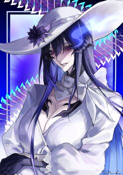 1girl abstract_background absurdres blue_background blue_fire blue_hair blush breasts center_opening chinese_commentary cleavage collarbone colored_skin constance_(honkai:_star_rail) demon_girl fire flaming_eye frilled_sleeves frills gradient_hair hair_between_eyes hat head_tilt highres honkai:_star_rail honkai_(series) horns huge_breasts long_hair long_sleeves looking_at_viewer mole mole_under_eye multicolored_hair multicolored_skin pink_lips purple_eyes seductive_smile smile solo teeth two-tone_hair two-tone_skin upper_body white_hat yyyuki