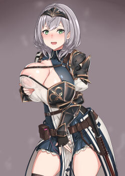1girl absurdres armor belt black_gloves blush braid breasts chest_belt chest_guard chest_strap cleavage collared_dress dress fingerless_gloves gloves gozaru green_eyes grey_hair half_chest_guard highres hololive large_breasts leather_belt looking_at_viewer mace medium_hair mole mole_on_breast open_mouth pauldrons pleated_dress remote_control_vibrator sabaton sex_toy shirogane_noel shirogane_noel_(1st_costume) shoulder_armor single_pauldron smile solo vibrator vibrator_cord vibrator_under_clothes virtual_youtuber wavy_hair weapon wrist_guards