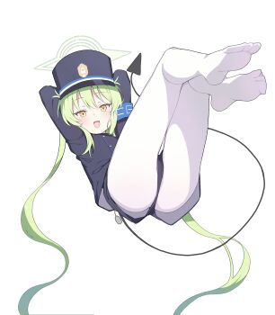 1girl absurdres armband arms_behind_head ass black_jacket black_shorts blue_archive blush demon_tail feet full_body green_hair halo hat highres jacket legs legs_up loli long_hair long_sleeves looking_at_viewer no_shoes nozomi_(blue_archive) open_mouth pantyhose s10021 shorts simple_background smile soles solo tail toes twintails very_long_hair white_background white_pantyhose yellow_eyes