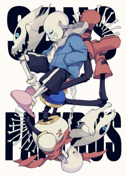 2boys absurdres black_shorts blue_jacket bone boots brothers character_name closed_eyes commentary_request full_body gasterblaster gloves grey_hood grin hands_in_pockets highres hood hood_down hooded_jacket jacket marueri multiple_boys open_clothes open_jacket open_mouth papyrus_(undertale) pink_slippers profile red_footwear red_gloves red_scarf sans_(undertale) scarf shirt shorts siblings simple_background single_vertical_stripe skeleton slippers smile socks teeth u_u undertale utdr_(toby_fox) white_background white_shirt white_socks