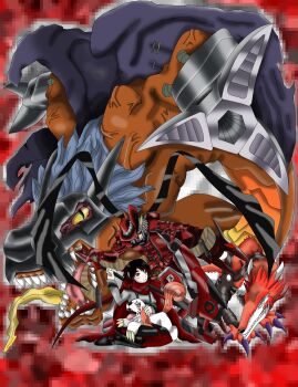 1boy 1girl bandolier belt black_dress black_footwear black_hair black_pantyhose boots bullet cape cartridge claws cloak commentary corset crescent_rose cross crossover digimon digimon_(creature) domino_mask dress english_commentary evolution eye_mask facial_mark fangmon flower frilled_dress frills gradient_hair grey_eyes helmet highres hood hooded_cloak knee_boots labramon lace-up_boots long_sleeves magnakidmon mainkore mask megadramon multicolored_hair pantyhose petals red_cape red_hair rose rose_petals ruby_rose rwby scythe short_hair tagme two-tone_hair wings yellow_eyes