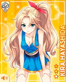 1girl blonde_hair blue_shirt blue_skirt bow breasts card_(medium) character_name cheerleader cleavage crop_top girlfriend_(kari) green_eyes hands_on_own_thighs hayashida_kira leaning_forward long_hair looking_at_viewer miniskirt official_art pleated_skirt qp:flapper red_bow setsubun shirt skirt sleeveless solo soybean standing thighs yellow_background