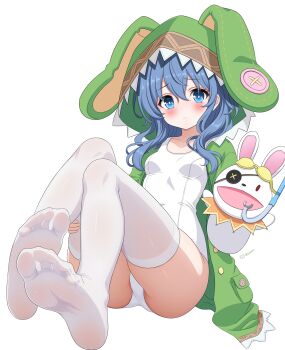 1girl absurdres ass blue_eyes blue_hair blush breasts date_a_live feet female_focus full_body gugu0v0 highres himekawa_yoshino hood hoodie legs loli long_hair one-piece_swimsuit sitting small_breasts solo swimsuit thighhighs thighs white_background white_thighhighs