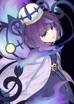 1girl a_nori belt belt_buckle black_background black_dress blunt_bangs bob_cut buckle chandelure closed_mouth coat commentary_request dress expressionless gen_5_pokemon gwynn_(pokemon) hat long_sleeves looking_at_viewer nintendo o-ring o-ring_belt open_clothes open_coat pokemon pokemon_(creature) pokemon_legends:_z-a purple_eyes purple_hair short_hair white_coat wide_sleeves