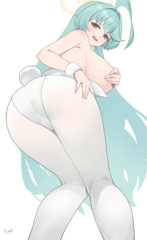 1girl absurdres ahoge alternate_costume aqua_hair ass blue_archive breasts commentary_request fake_tail from_below hair_intakes highres korean_commentary large_breasts looking_at_viewer pantyhose playboy_bunny rabbit_tail simple_background solo tail tomid white_background white_pantyhose white_wrist_cuffs wrist_cuffs yellow_eyes yume_(blue_archive)