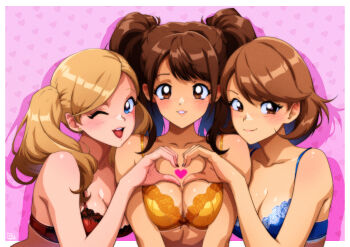3girls absurdres bare_shoulders blonde_hair blue_bra blue_eyes blush border bra breasts breasts_squeezed_together brown_eyes brown_hair cleavage closed_mouth collarbone commentary drop_shadow earrings english_commentary flipped_hair gravydood heart heart_background heart_hands heart_hands_duo highres in-franchise_crossover jewelry kujikawa_rise lace lace-trimmed_bra lace_trim long_hair looking_at_viewer medium_breasts multiple_girls one_eye_closed open_mouth outside_border parted_lips persona persona_3 persona_4 persona_5 pink_background pink_lips red_bra short_hair smile stud_earrings swept_bangs takamaki_anne takeba_yukari tarot the_lovers_(tarot) trait_connection twintails underwear upper_body white_border yellow_bra