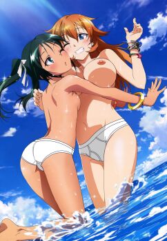 Rule 34 | 2girls, ass, blue eyes, blush, breasts, briefs, charlotte e. yeager, classic fly briefs, francesca lucchini, green eyes, green hair, highres, hug, large breasts, male underwear, multiple girls, navel, nipples, one eye closed, orange hair, outdoors, panties, small breasts, smile, strike witches, topless female, twintails, underwear, white panties, world witches series