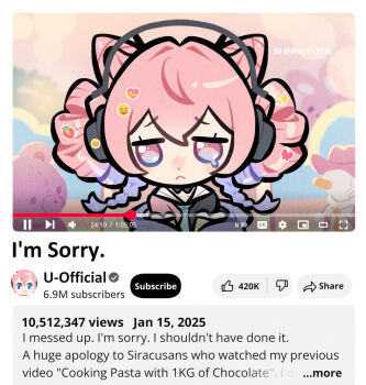 1girl :< animal_ears apologizing arknights blue_eyes chibi chibi_only commentary mp3_player drill_hair english_commentary english_text fake_screenshot furrowed_brow gradient_eyes headphones multicolored_eyes pink_eyes pink_hair pink_shirt sharktuna shirt twin_drills u-official_(arknights) upper_body youtube