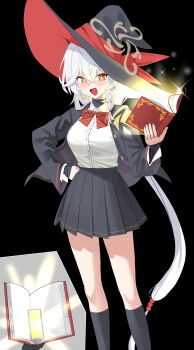 absurdres ankle_socks blue_archive book bow bowtie braid chitteok earrings eri_(blue_archive) flashlight halo hat highres holding holding_book jacket jewelry long_coat long_hair orange_eyes shirt skirt sleeves_past_wrists socks sparkling_eyes sweater white_hair wing witch_hat