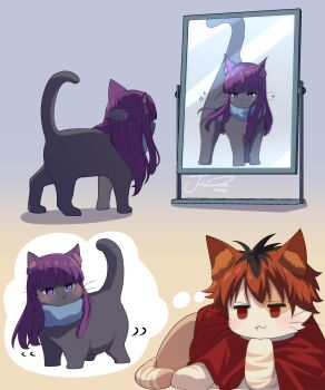 :3 absurdres animal animal_ear_fluff animal_focus animal_with_hair animalization black_hair cat clothed_animal commentary fern_(sousou_no_frieren) highres j_humbo long_hair mirror no_humans purple_hair red_eyes scarf smile sousou_no_frieren sparkle speech_bubble stark_(sousou_no_frieren) symbol-only_commentary thought_bubble