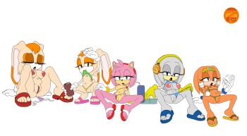 5girls absurdres amy_rose armpits artist_request ass bare_legs bikini bikini_bottom_aside bikini_top_lift breasts breasts_out brown_eyes clothes_lift clothing_aside cream_the_rabbit fat_mons feet flat_chest flat_color flip-flops furry gloves green_eyes grey_fur grey_hair groin highres legs loli long_hair medium_hair micro_bikini multiple_girls nipples orange_fur orange_hair perineum pink_fur pink_hair pussy sandals sega simple_background sonic_(series) sonic_advance_(series) sonic_advance_2 sonic_adventure swimsuit thong tikal_the_echidna toes uncensored unworn_bikini vanilla_the_rabbit white_background