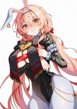 Rule 34 | 1girl, absurdres, alternate costume, animal ears, aura (counter:side), black leotard, black ribbon, black shrug, blush, breasts, cleavage, commentary request, counter:side, cowboy shot, cross-shaped pupils, fake animal ears, frilled arm strap, frilled sleeves, frills, hair between eyes, hairband, highres, jinggun, korean commentary, large breasts, leotard, long hair, long sleeves, looking at viewer, orange eyes, orange hair, pantyhose, playboy bunny, rabbit ears, red ribbon, ribbon, shrug (clothing), simple background, smile, symbol-shaped pupils, white background, white hairband, white pantyhose