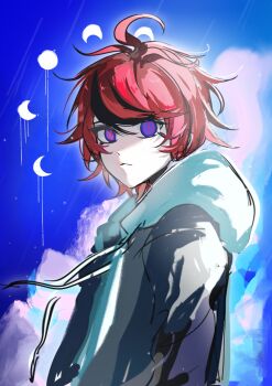 Rule 34 | 1boy, absurdres, ahoge, black hair, blue background, blue eyes, blue sky, chinese commentary, cloud, commentary request, drawstring, grey jacket, hair between eyes, heiyu yaya, highres, hood, hood down, hoodie, jacket, jacket over hoodie, male focus, moon phases, multicolored hair, open clothes, open jacket, outdoors, rain, red hair, short hair, sky, solo, streaked hair, sumino takumi, the hundred line -last defense academy-, two-tone hair, variant set, white hoodie