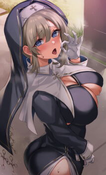 1girl ass blue_eyes breasts button_gap cleavage curvy fellatio_gesture from_above from_side gloves grey_hair highres hikari_(komitiookami) large_breasts looking_at_viewer nun original pavement side_slit solo standing white_gloves