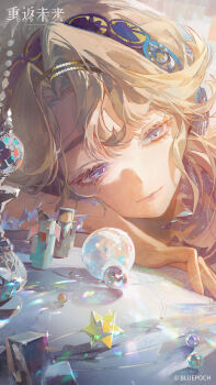 1girl absurdres arm_on_table arm_pillow bare_shoulders beryl_bouanich black_hat black_skirt blonde_hair blue_coat blue_eyes bottle coat copyright_name copyright_notice crystal crystallization gem hairband hand_up hat head_on_arm head_rest highres holding logo long_hair looking_at_object multiple_girls newsboy_cap official_art official_wallpaper reverse:1999 shirt skirt solo upper_body white_hat white_shirt